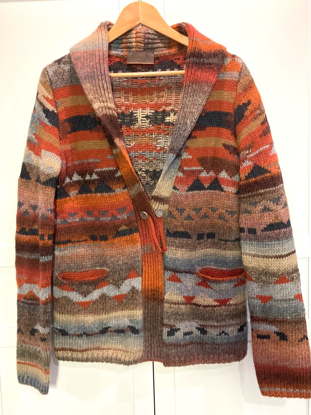 Altea Multicolor Geometric Shawl-Collar Cardigan — Orange, Brown, Blue, Gray